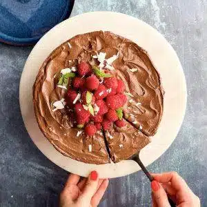 Dobbel browniekake – vegansk og glutenfri konfektkake – skjaere bilde ovenfra liten square